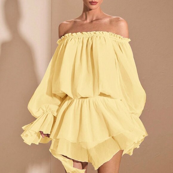 Yellow Boho Women's Elegant French Style Off Shoulder Long Sleeve Shirt Dress - Picture 9 of 9